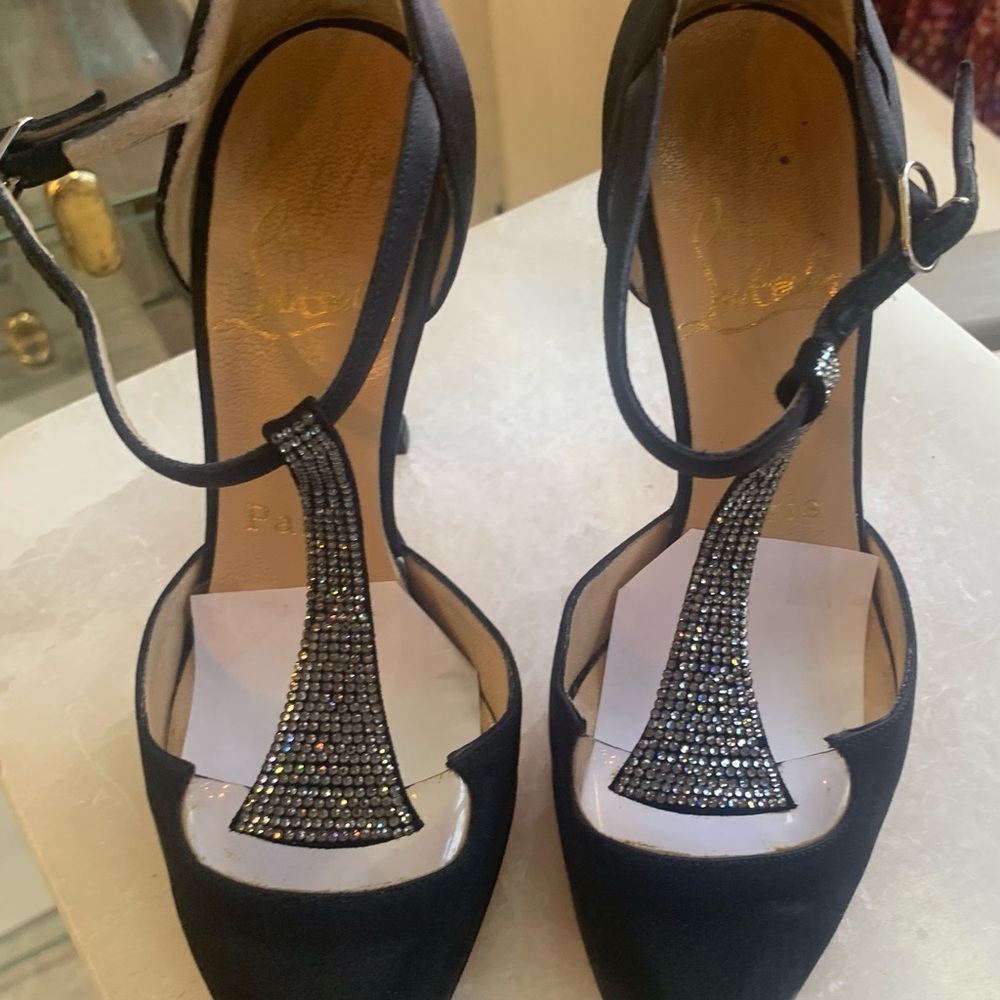 Christian Louboutin Black Heels with Sparkling Detail Satin Strass T-Strap Pumps